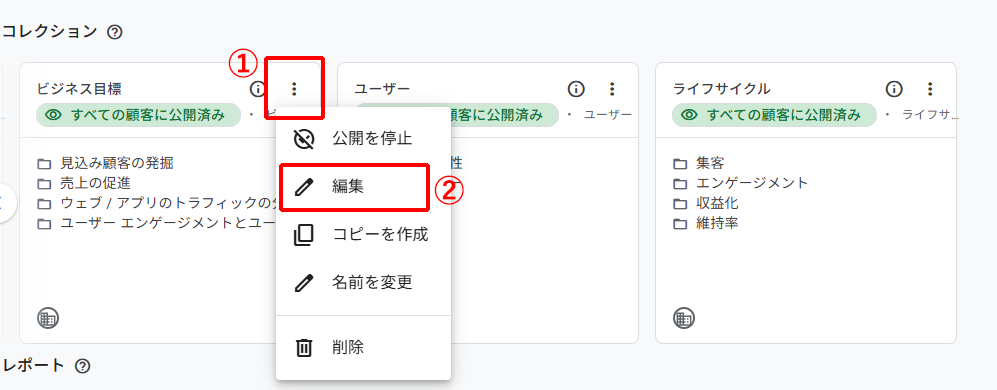 GA4で「コレクション」の編集をおこなう