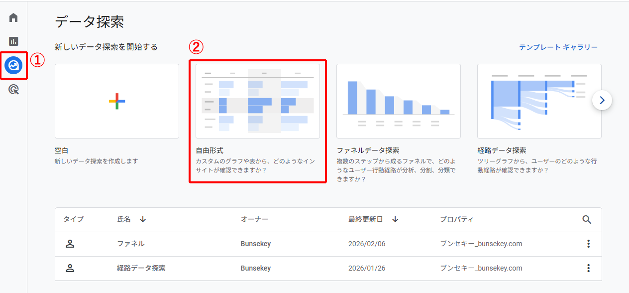 GA4のデータ探索で「自由形式」テンプレートを選択する