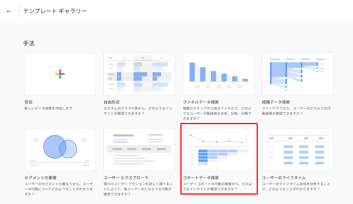 GAの探索のテンプレートギャラリーで「コホートデータ探索」を選択する
